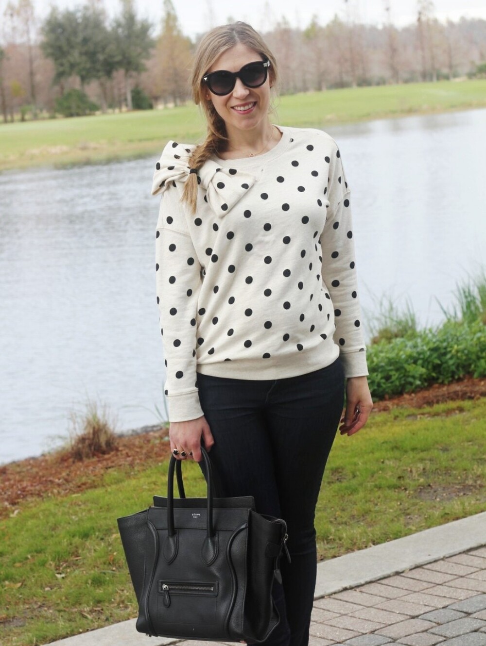 kate spade Cream Polka Dot Crewneck Sweater with Shoulder Bow